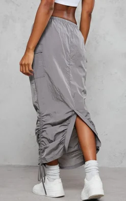 Charcoal Grey Parachute Tie Waist Midaxi Skirt