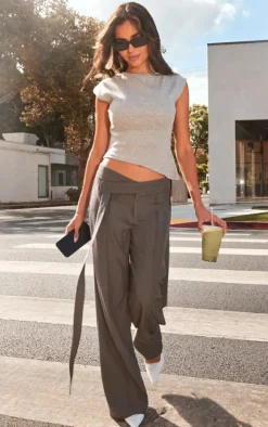 Charcoal Grey Premium Woven Waistband Tie Detail Tailored Pants