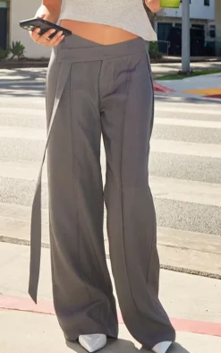 Charcoal Grey Premium Woven Waistband Tie Detail Tailored Pants