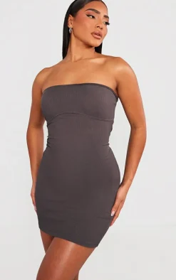 Charcoal Grey Ribbed Bandeau Underbust Detail Bodycon Dress