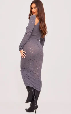 Charcoal Grey Ribbed Long Sleeve Cut Out Midi Dress