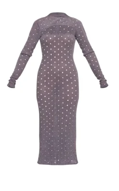 Charcoal Grey Ribbed Long Sleeve Cut Out Midi Dress