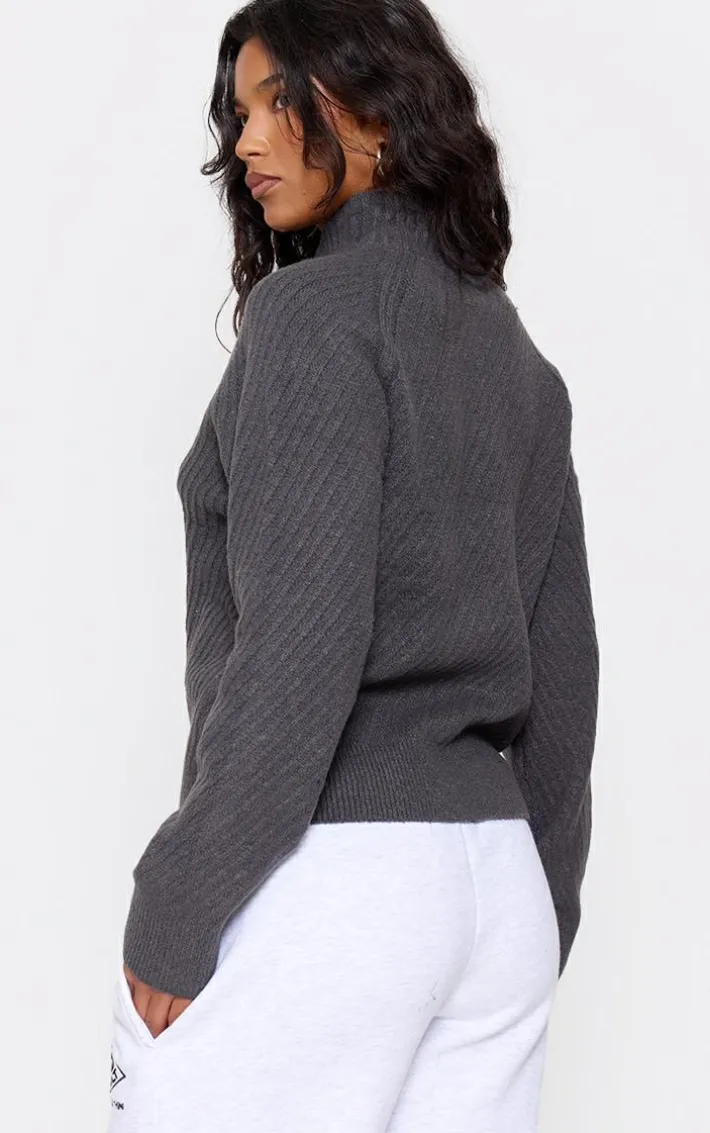 Charcoal Grey Ripple Knit Half Zip Sweater