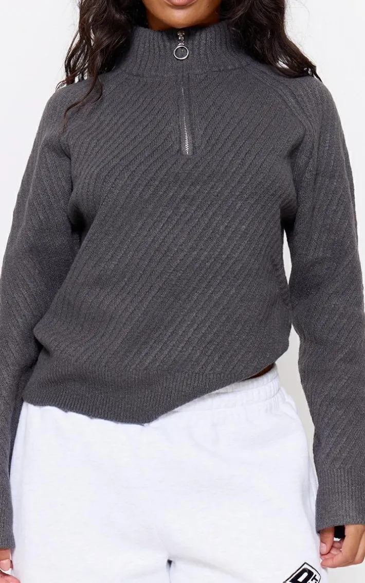 Charcoal Grey Ripple Knit Half Zip Sweater