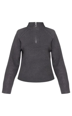 Charcoal Grey Ripple Knit Half Zip Sweater
