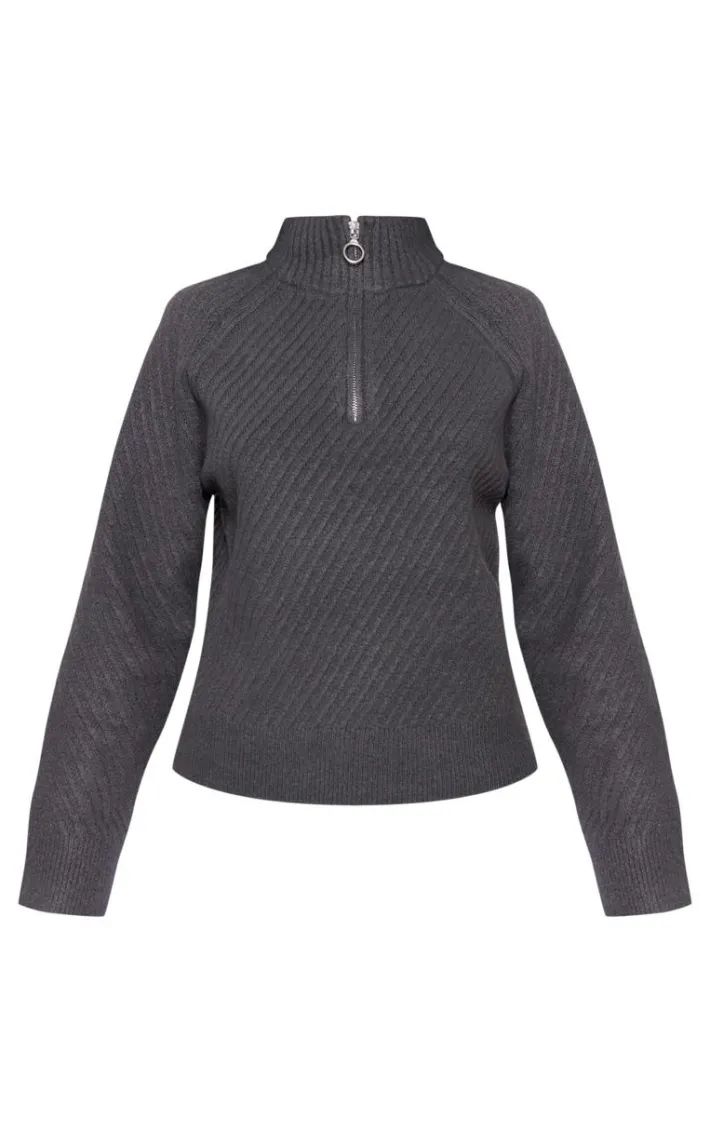 Charcoal Grey Ripple Knit Half Zip Sweater