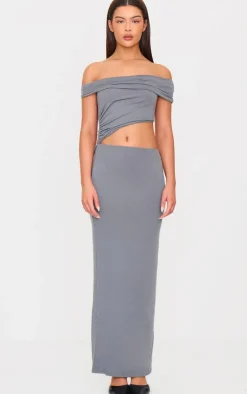 Charcoal Grey Soft Touch Bardot Cut Out Maxi Dress