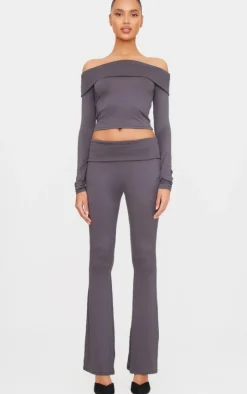 Charcoal Grey Soft Touch Fold Over Skinny Flares
