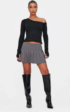 Charcoal Grey Stretch Woven Low Rise Pleated Micro Mini Skirt