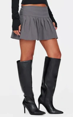 Charcoal Grey Stretch Woven Low Rise Pleated Micro Mini Skirt