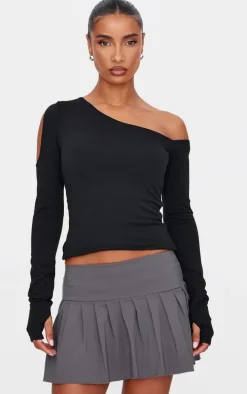 Charcoal Grey Stretch Woven Low Rise Pleated Micro Mini Skirt