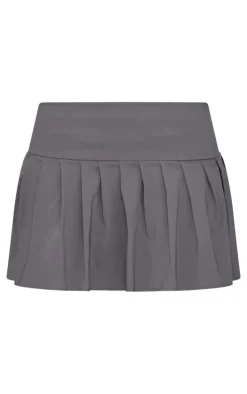 Charcoal Grey Stretch Woven Low Rise Pleated Micro Mini Skirt