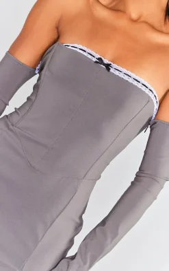 Charcoal Grey Stretch Woven Lace Trim Bardot Bodycon Dress