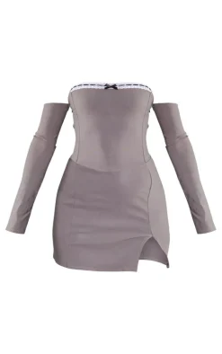 Charcoal Grey Stretch Woven Lace Trim Bardot Bodycon Dress