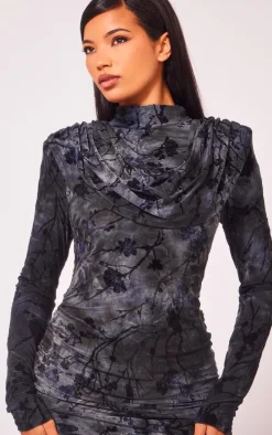 Charcoal Grey Structured Devore Soft Touch Mini Dress