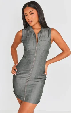 Charcoal Grey Textured Pocket Zip Up Bodycon Dress