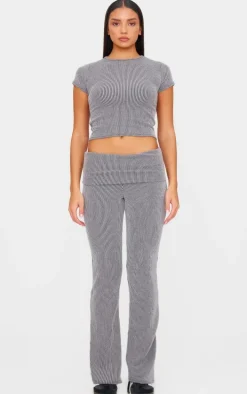 Charcoal Grey Two Tone Crinkle Rib Foldover Skinny Flared Pants