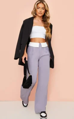 Charcoal Grey Woven Fold Over Waist Wide Leg Pants