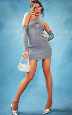 Charcoal Halterneck Key Hole Rib Knit Mini Dress