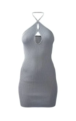 Charcoal Halterneck Key Hole Rib Knit Mini Dress