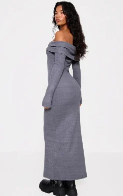 Charcoal Heavy Brushed Rib Bardot Trim Maxi Dress