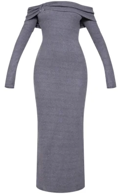 Charcoal Heavy Brushed Rib Bardot Trim Maxi Dress