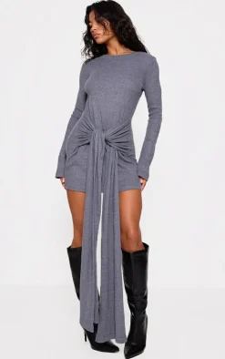 Charcoal Heavy Brushed Rib Wrap Tie Bodycon Dress