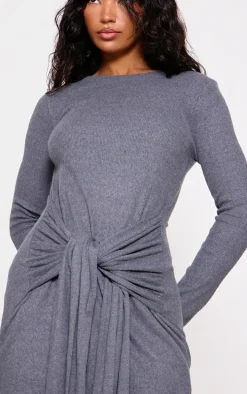 Charcoal Heavy Brushed Rib Wrap Tie Bodycon Dress