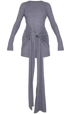 Charcoal Heavy Brushed Rib Wrap Tie Bodycon Dress