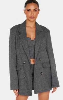 Charcoal Herringbone Oversized Woven Blazer