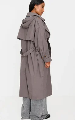 Charcoal Hooded Oversized Woven Trench Coat