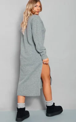 Charcoal Knit V Neck Oversized Slouchy Maxi Dress
