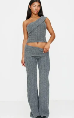 Charcoal Marl Textured Knit Foldover Wide Leg Pants