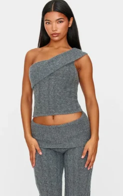 Charcoal Marl Textured Knit Foldover Bandeau Top