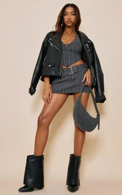 Charcoal Pinstripe Denim Halterneck Top