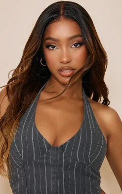 Charcoal Pinstripe Denim Halterneck Top