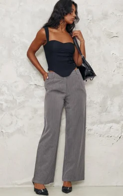Charcoal Pinstripe Double Waistband Detail Tailored Pants
