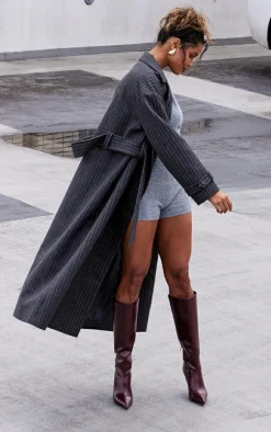 Charcoal Pinstripe Wool Look Double Breasted Belted Coat