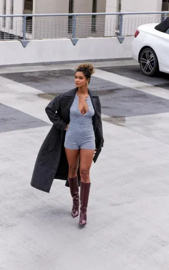 Charcoal Pinstripe Wool Look Double Breasted Belted Coat