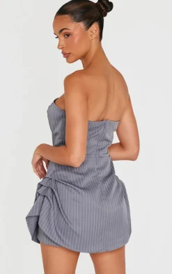 Charcoal Pinstripe Woven Bandeau Ruched Side Skort Romper