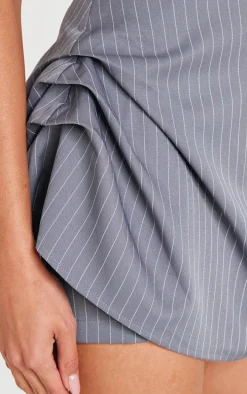 Charcoal Pinstripe Woven Bandeau Ruched Side Skort Romper