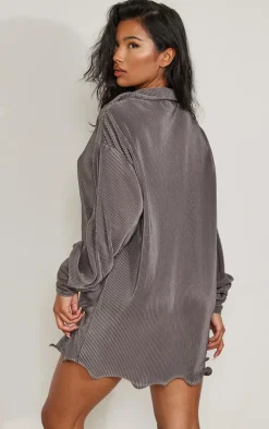 Charcoal Plisse Frill Hem Shirt Dress