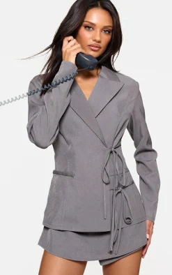 Charcoal Premium Tailored Woven Wrap Front Romper