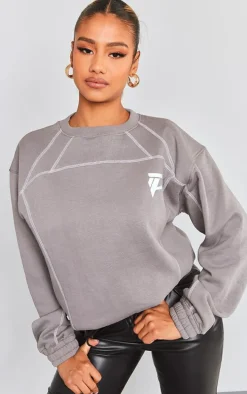 Charcoal Reflective P Printed Exposed Stitching Oversized Sweatshirt
