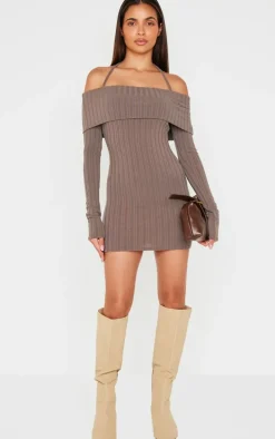 Charcoal Rib Bardot Fold Over Bodycon Dress