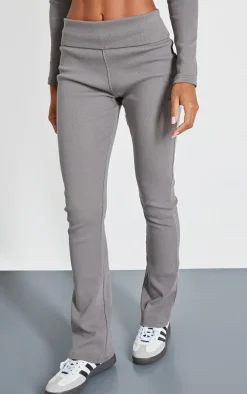 Charcoal Rib Fold Over Waist Flared Pants