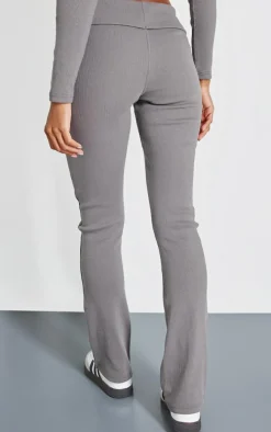 Charcoal Rib Fold Over Waist Flared Pants