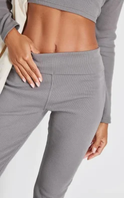 Charcoal Rib Fold Over Waist Flared Pants