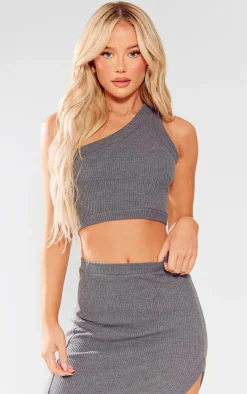 Charcoal Rib One Shoulder Strappy Crop Top