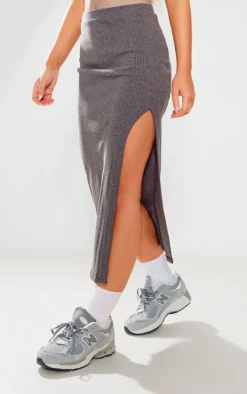 Charcoal Rib Split Midi Skirt